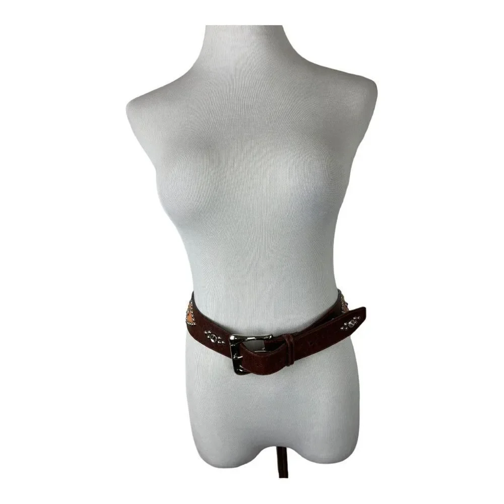 GUESS Brown Leather Belt Studs Rhinestones Western Cowgirl Boho Size L